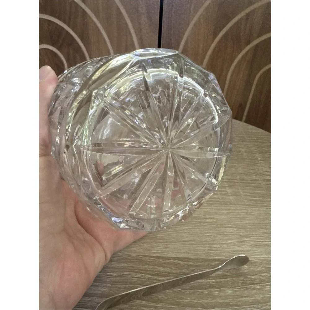 Vintage Heavy Crystal Ice Bucket With Chrome Tongs And Handle